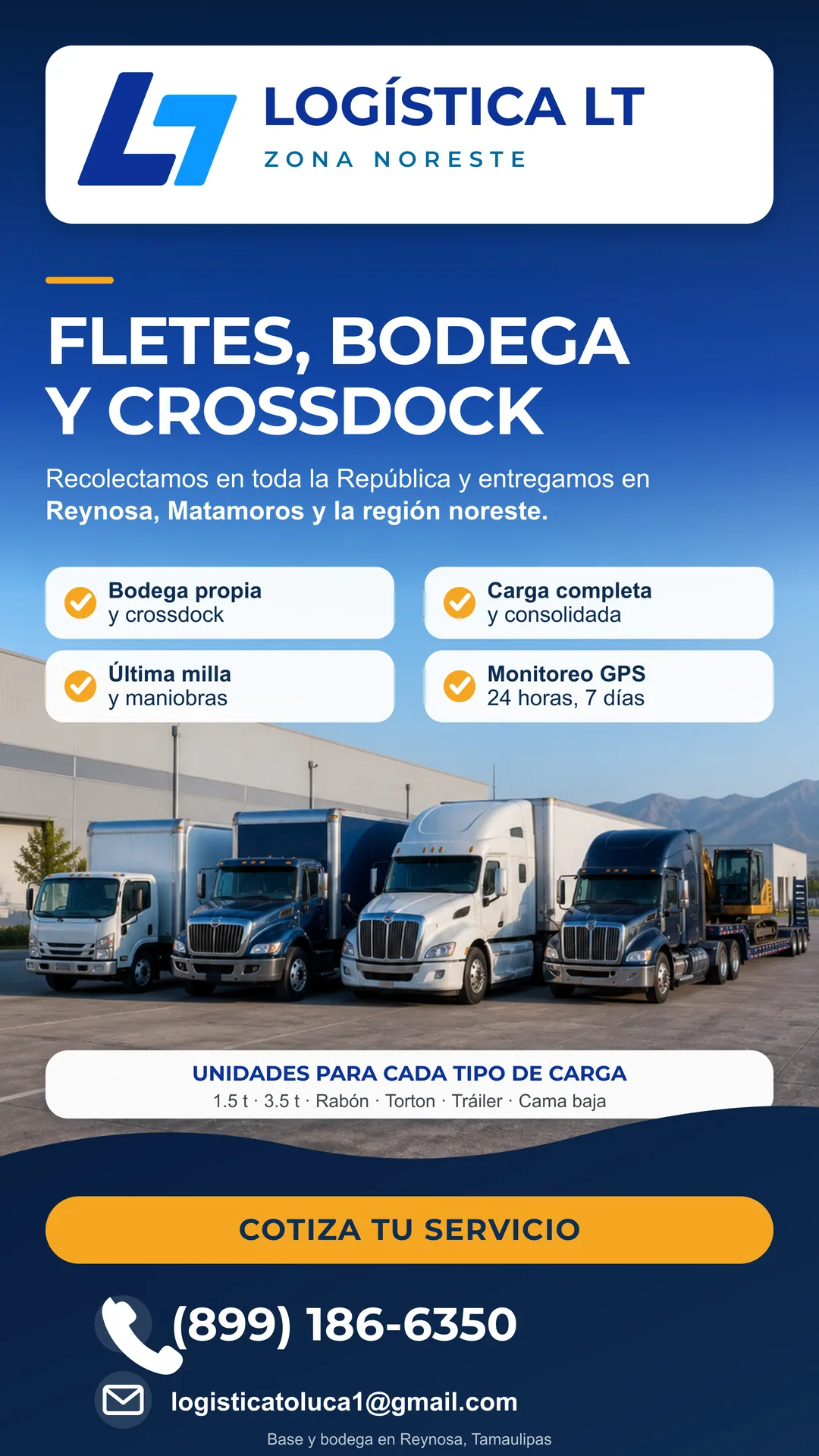Anuncio de Logística LT Zona Noreste: fletes, bodega, crossdock, carga completa y consolidada, última milla, maniobras y monitoreo GPS 24/7.